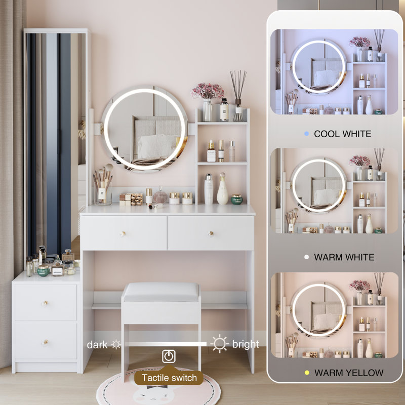 Full Body Mirror Cabinet + Round Mirror LED Vanity Table + Cushioned Stool, 17" diameter LED Mirror, Touch Control, 3-color, Brightness adjustable, Large Desktop, Multi-layer High Capacity Storage