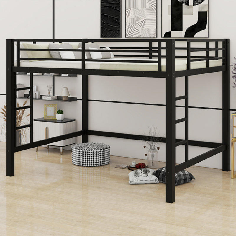 Metal Loft Bed Featuring Ladder & Secure Guardrails For Safety, Queen