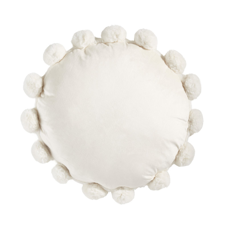White Round Faux Fur Pom Pom Throw Pillow