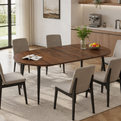 Table de salle à manger extensible 3 en 1, table de cuisine ovale de 100 à 180 cm (39,4 à 71 pouces) pouvant accueillir de 2 à 8 personnes, plateau moderne en bois de noyer avec bord biseauté de 3 cm (1,2 pouce) et pieds en acier au carbone thermolaqué, table peu encombrante pour la maison