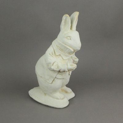 Antiqued white cement Alice in Wonderland White Rabbit garden statue, 14.25 inches high