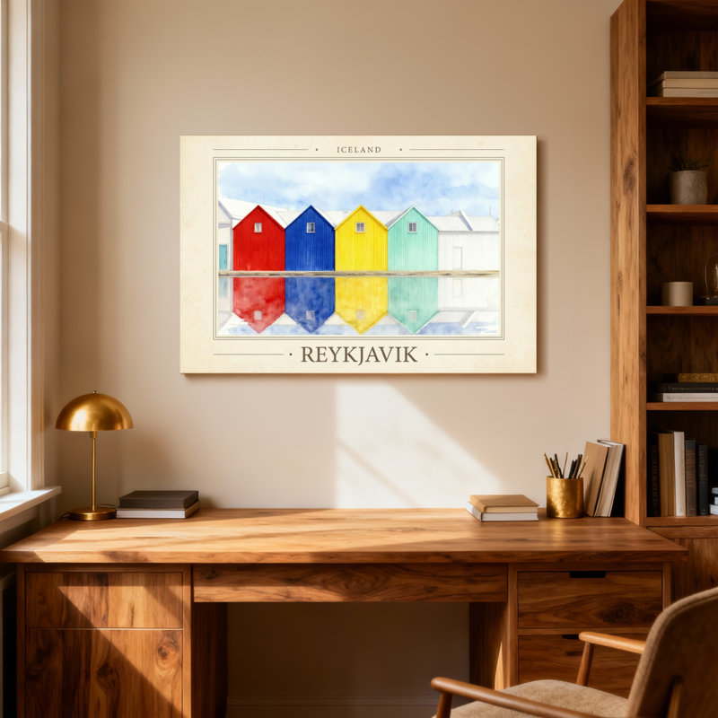 Paysages pittoresques et urbains colorés à Reykjavik, Islande, H 32 po x l 48 po