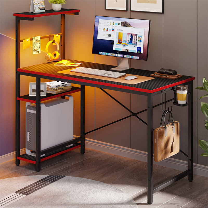 Nedyo Gaming Desk with RGB LED Light, Computer Desk with 4 Tier Reversible Storage Shelves, Hooks, Cup holder and Magnets