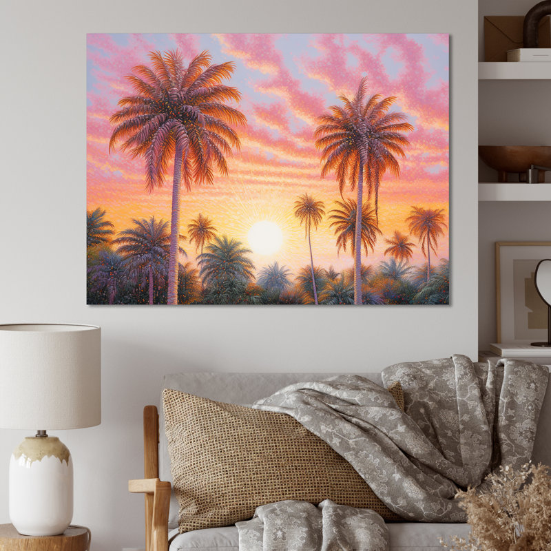 Rose radiance coucher de soleil palmiers V, Toile tendue, H 34 po x l 44 po x P 1,5 po