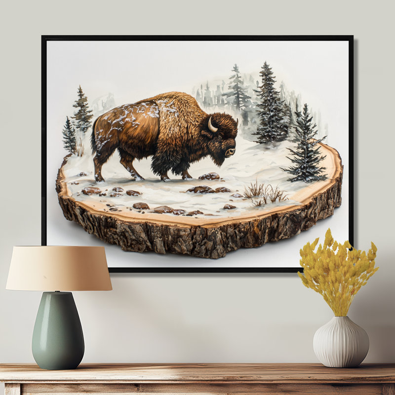 Marven Bison in Winter Forest Landscape II - Bison, art mural, Noir, Cadre flottant, H 16 po x l 32 po