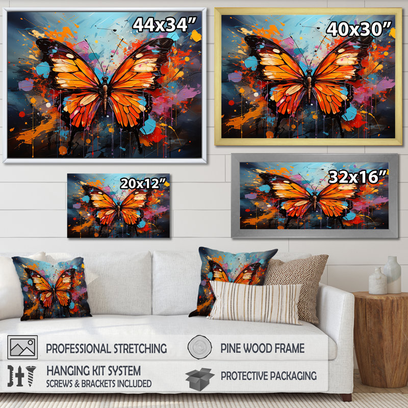 «Butterfly Graffiti Style I», art mural sur toile, H 12 po x l 20 po x P 1 po, Cadre naturel flottant