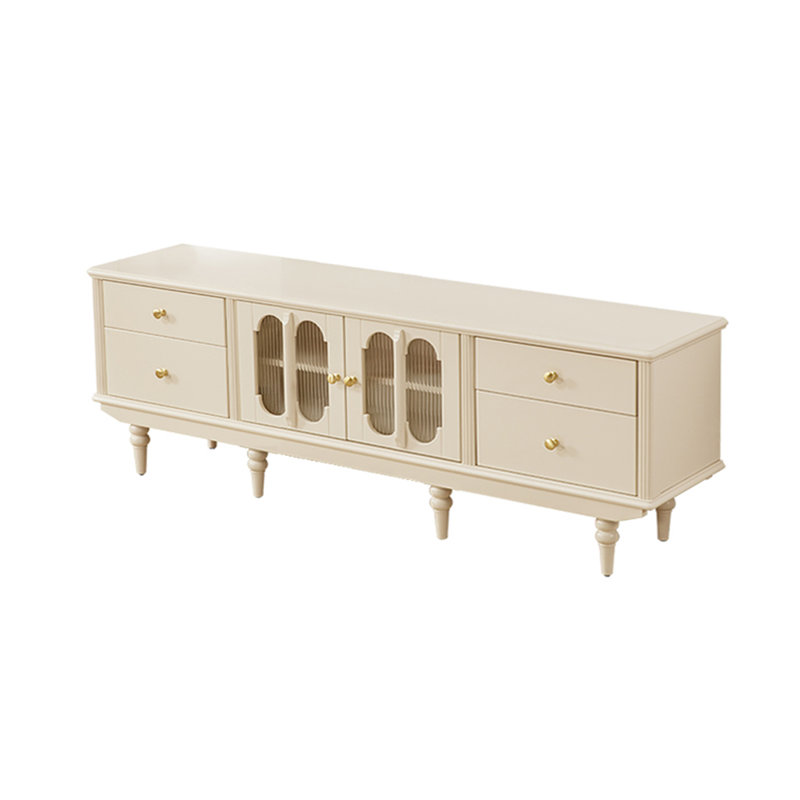 Meuble télé en bois massif de style français, H 24,4 po x L 70,86 po x l 15,75 po, Crème