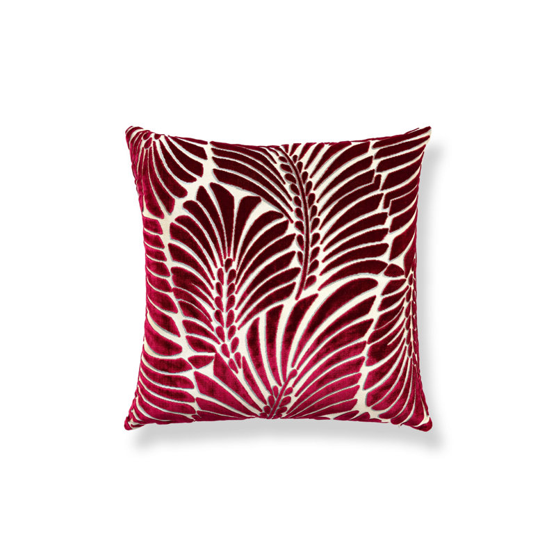 PLUMES / OREILLER EN VELOURS, H 22 po x l 22 po, Carré, Motif floral rouge