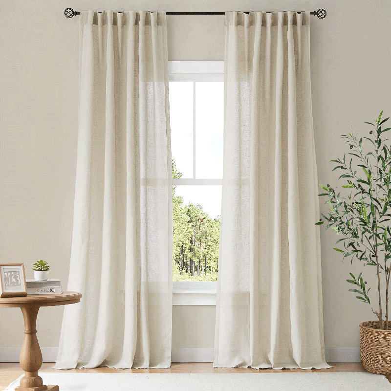 Linen Curtains for Living Room Rod Pocket & Back Tab Thick Flax Privacy Semi Sheer Window Curtains, 2 Panels, Natural