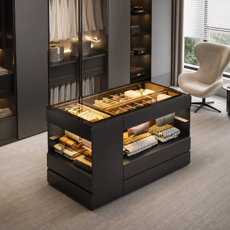 Îlot à bijoux minimaliste moderne de 100 cm (39,37 po) en bois massif à plusieurs niveaux – Plateau en verre trempé avec compartiments de rangement à DEL, tiroirs biseautés sans poignées, étagères réglables, espace d'exposition ouvert, organisateur de bijoux luxueux et lumineux de grande capacité