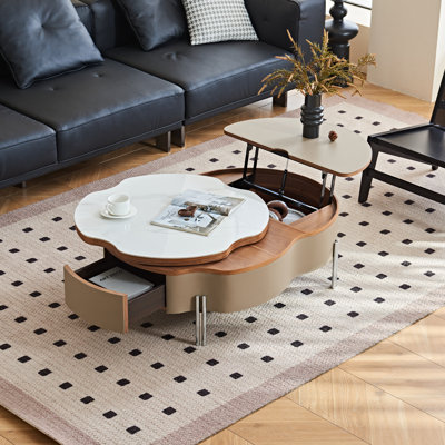 43.3" Swivel Lift‑Top Coffee Table Faux Leather Upholstered with Storage -Stainless Steel Legs