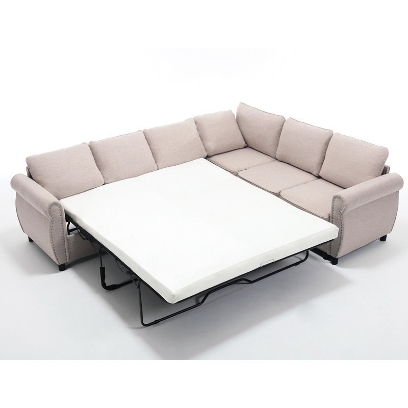 Canapé-lit beige à 6 places, structure en bois, coussins de dossier épais amovibles, lit confortable à 6 places, beige, conception escamotable, longue durée de vie