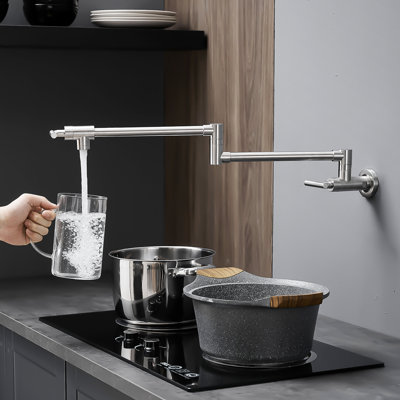 Wall Mount Kitchen Faucet With Pot Filler, 304 Ss Mounted Ss, Brushed Nickel, Double Joint Swing Arm