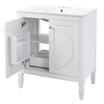 Meuble-lavabo de 30 po sans installation avec lavabo en céramique blanc, deux portes à fermeture en douceur, tablette ajustable, détails de conception réfléchie et meuble-lavabo à fermeture lente