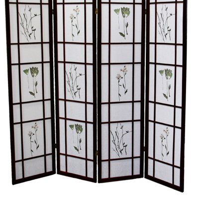 4 Room Divider Screen 70" Tall, Cherry Finish With Asian Floral Thought Wood Project