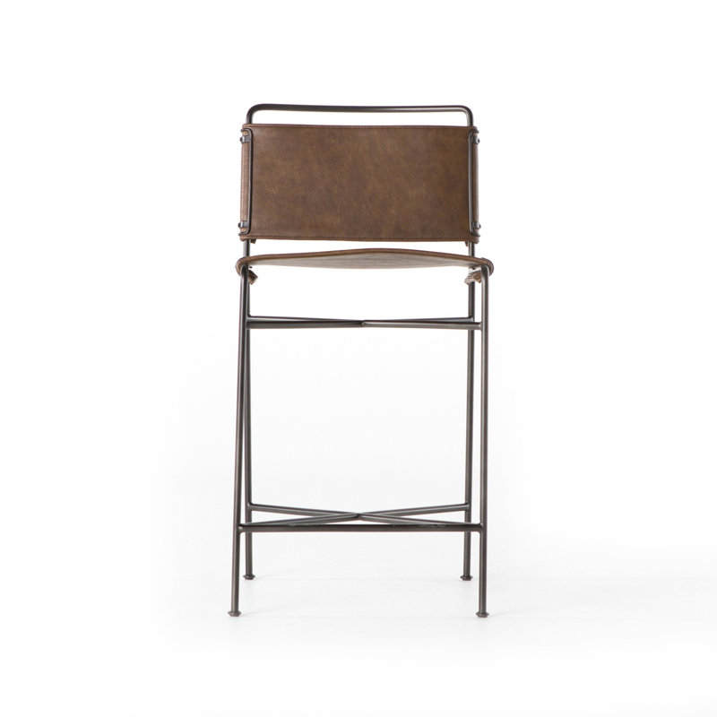 Kenza Counter Stool, Dark Bronze, Distressed Brown Faux Leather, Counter Stool (26.5" Seat Height)