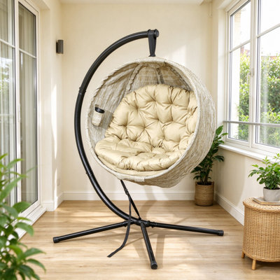 Hanging Egg Chair Outdoor Indoor Garden Swing Chair with Folding Basket, Garden Hanging Chair with Stand, Thickened Cushion, Cup Holder for Patio, Balcony, Khaki