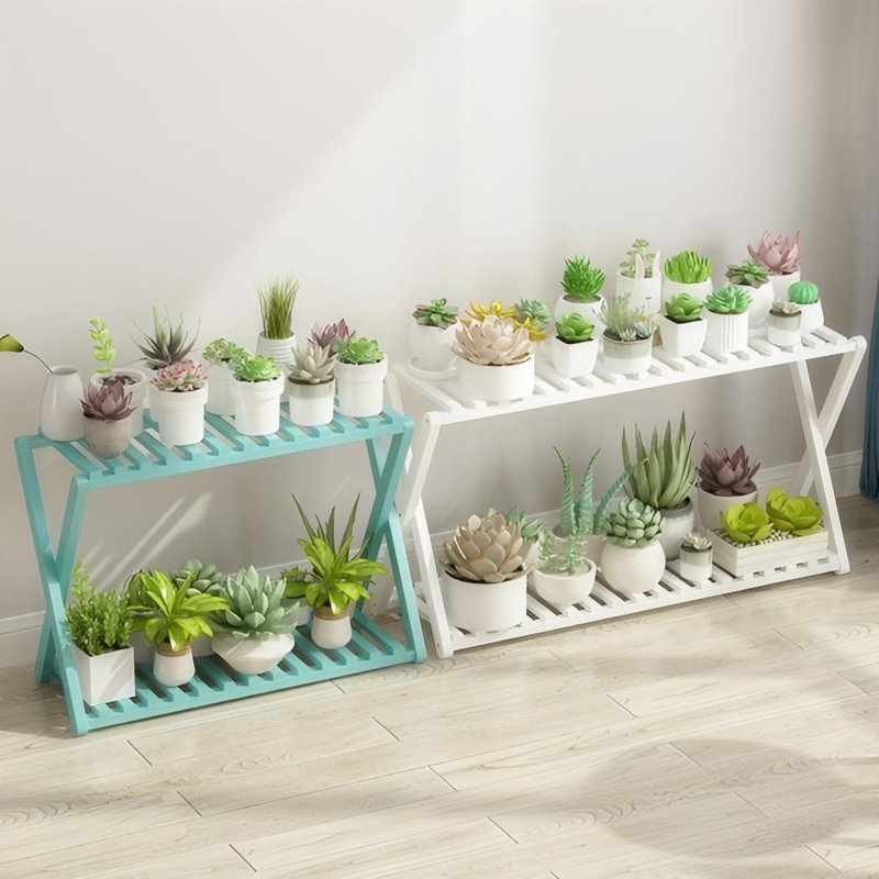 Support pour plante d'intérieur / extérieur à 2 niveaux en bambou, Brun