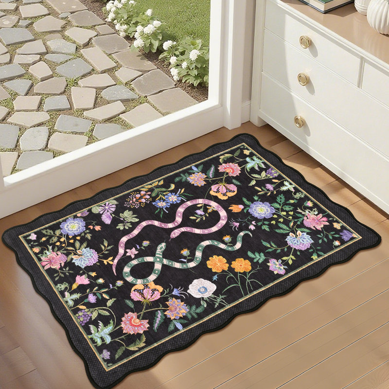 Farmhouse Floral Rug Washable Rug Non Slip Modern Scalloped Carpet, Soft Non Shedding Indoor Carpet, Low Pile Thin Foldable Printed Mat