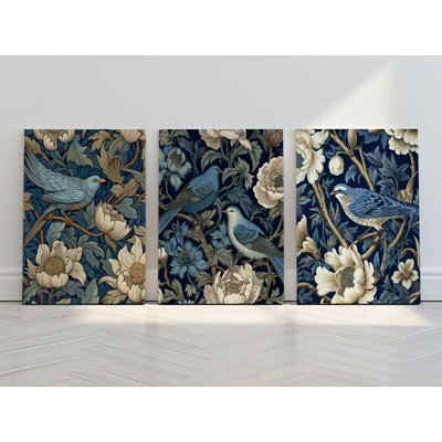 Set of 3 Blue Bird Floral Canvas Wall Art