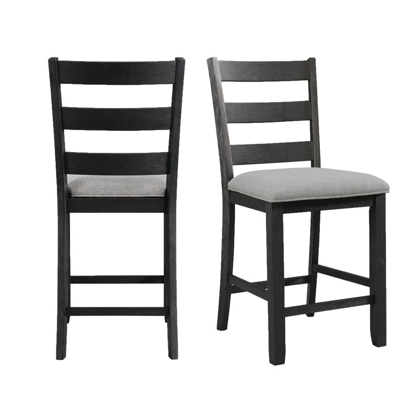 Ladderback Black Wood Side Chair with Grey Upholstered Seat