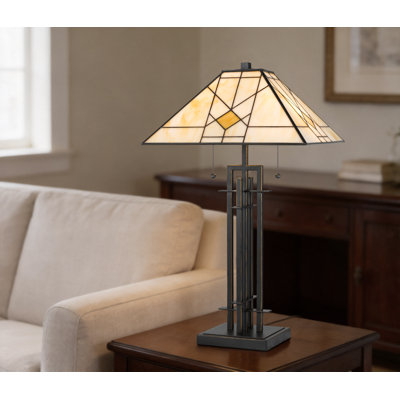 Lampe de table en métal de 26,5 po de hauteur avec finition bronze foncé et abat-jour carré Tiffany