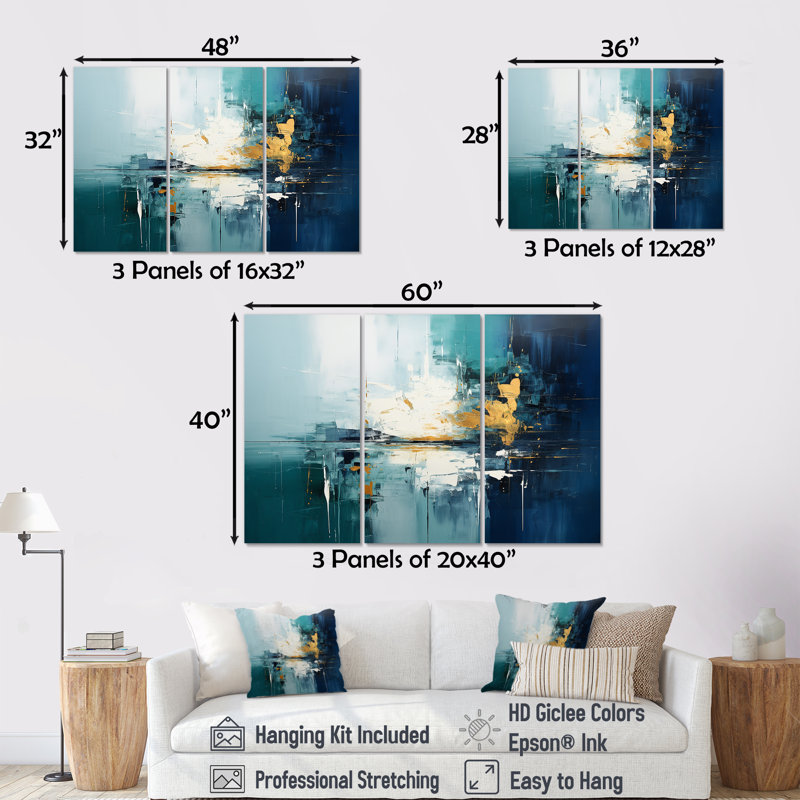 Golden Horizon Indigo Blue Gold - ensemble de reproductions d'art abstrait, Toile tendue, H 32 po x l 48 po x P 1 po