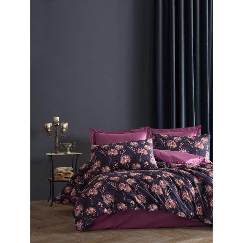Elegant Double Quilt Cover Set, 100% Cotton Jacquard, Includes Duvet Cover (78.7 x 86.6 in), Flat Sheet (94.5 x 102.4 in), 2 Pillowcases (19.7 x 27.6 in), 2 Oxford Pillowcases (19.7 x 27.6 + 2 in) | Machine Washable, Damson & Dark Blue