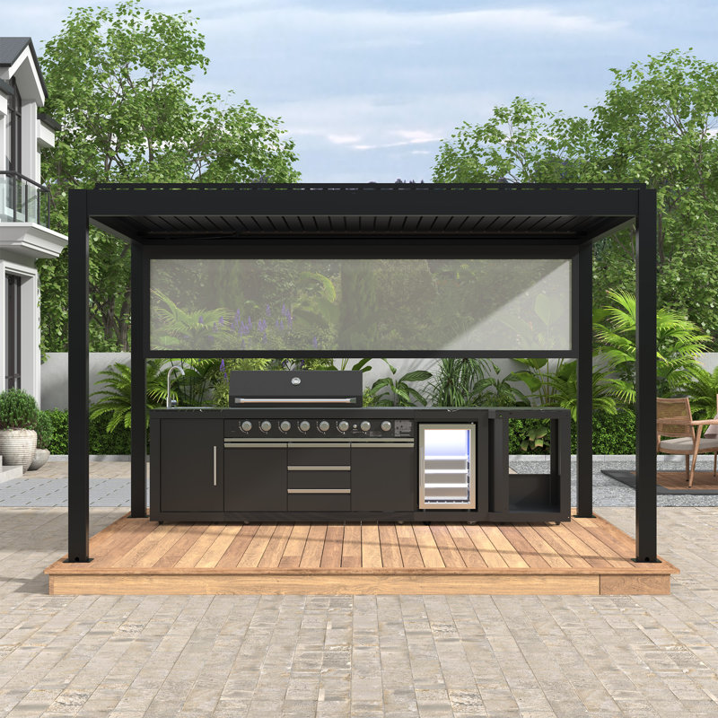 Ensemble d'îlot de cuisine extérieur modulaire 4 pièces avec barbecue à 8 brûleurs, réfrigérateur et roues Akoah