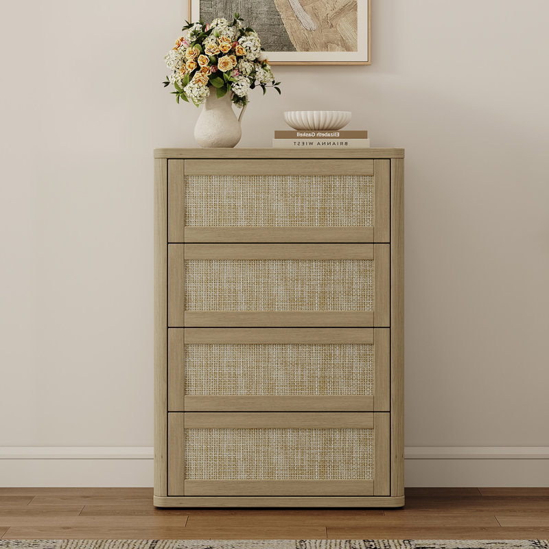 Commode 4 tiroirs Consiglia Boho-Rattan, Chêne ambré