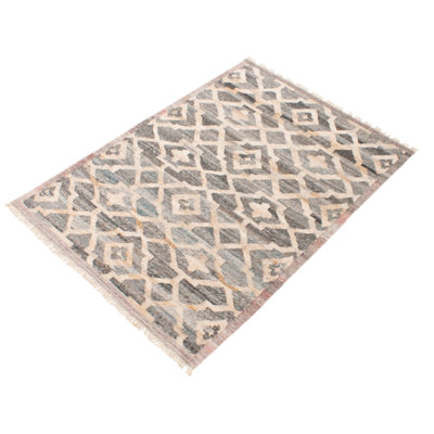 Tapis gris / beige en laine tissé à plat à la main à motif géométrique