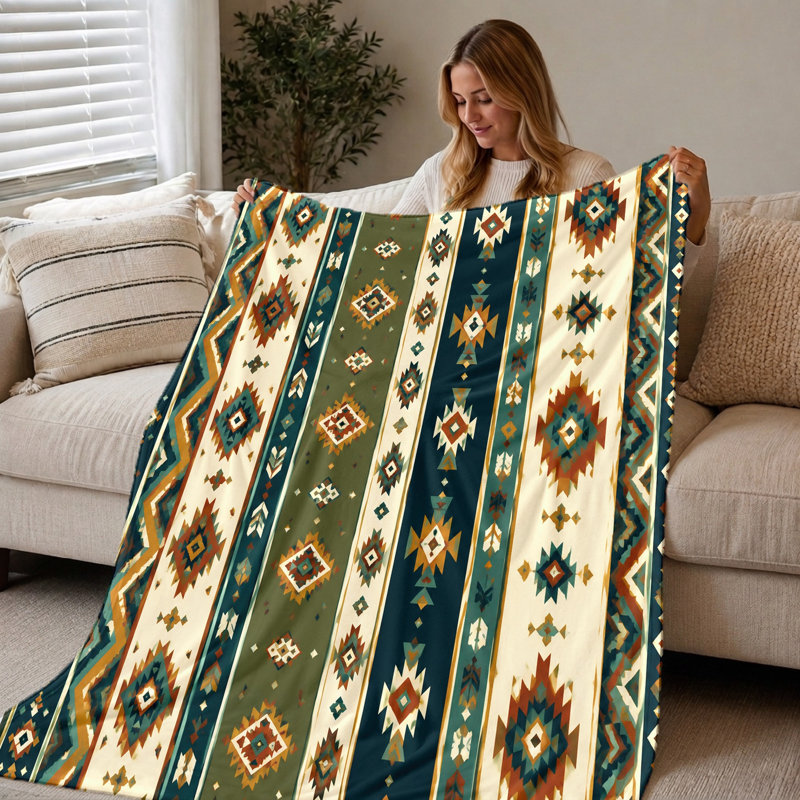 Couverture polaire à motif sud-ouest – Design géométrique aztèque ; jeté douillet et chaud, polyvalent pour canapé, lit, accessoire décoratif pour la maison, décoration parfaite pour le salon et la chambre, idéal pour le camping et les voyages en plein air, une idée cadeau attentionnée.