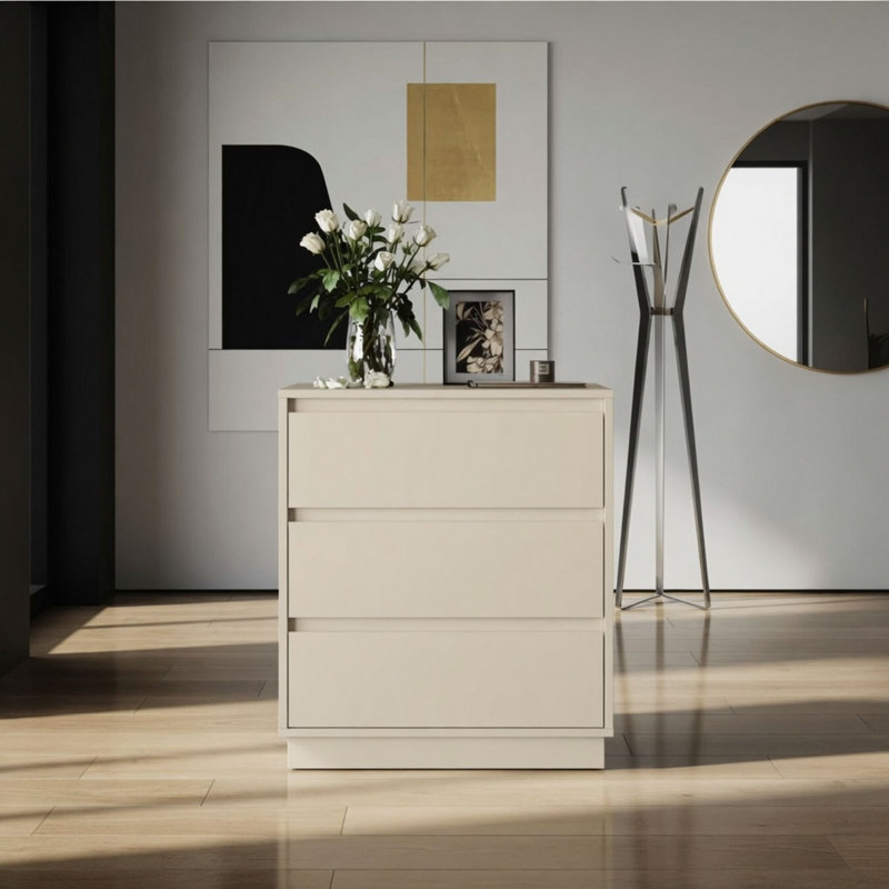 Table de chevet moderne à 3 tiroirs de 23,6 po de largeur avec grande table d'appoint en bois, Beige