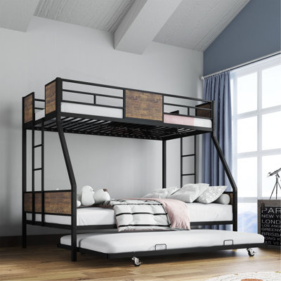 Lits simples superposés avec lit gigogne, lit superposé en métal avec garde-corps de sécurité et 2 échelles pour enfants, cadre en métal robuste et supports de panneau de protection, aucun sommier nécessaire, assemblage facile