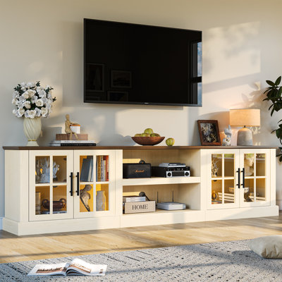 90" Farmhouse TV Stand With LED Light, Glass Cabinet & Open Shelves, Fits Tvs Up To 100",White