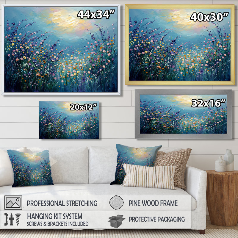 Gerace Dreamscape Wildflowers Sunrise Field - Art mural sur toile fleurs sauvages, Argent argent, H 30 po x l 40 po