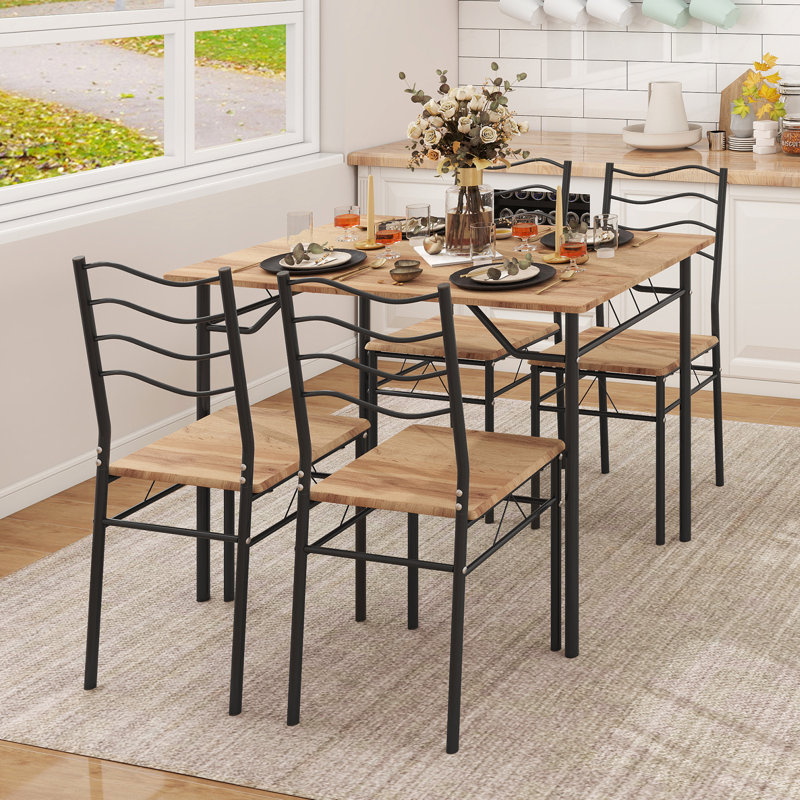 Dining Table Set with 4 Seats, Metal and Wood Frame Kitchen Desk for Home Bar, Grey and Brown, Beige, Beige/Black