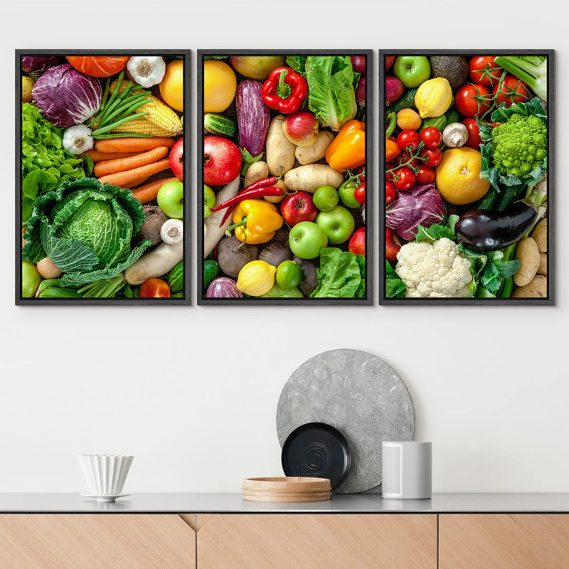 Assortiment de décoration murale moderne de fruits et légumes frais, H 24 po x l 48 po, Cadre flottant noir