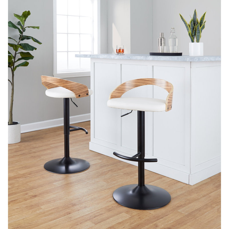 Tabouret réglable avec pivot en métal noir, bois de zèbre et similicuir blanc avec repose-pieds arrondi en T - ensemble de 3