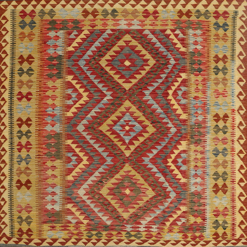 Tapis brun/gris/rouge contemporain, Carré 5 pi