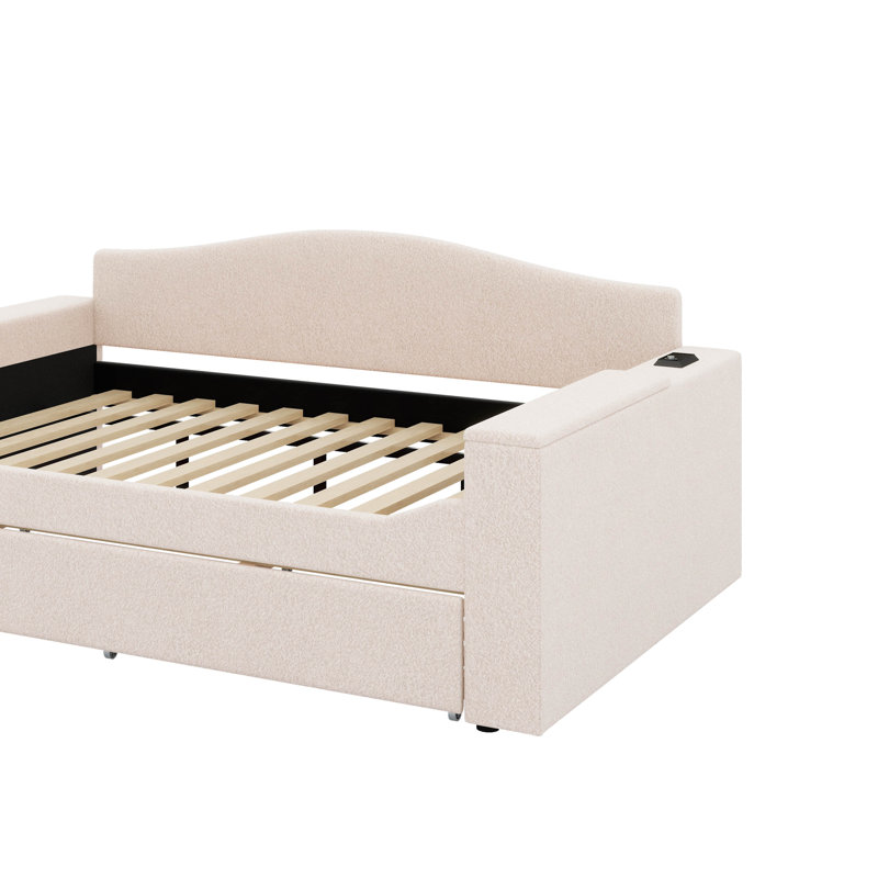 Full Upholstered Daybed With Trundle, Storage Armrests And Latest Integrated Bluetooth Audio System, Beige