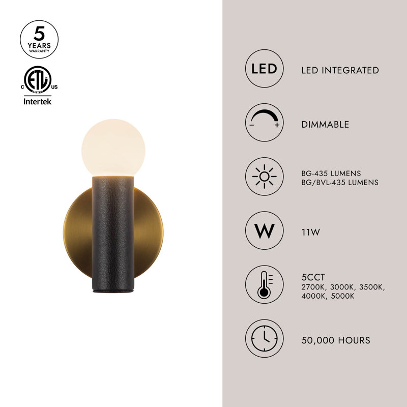1 - Light Flush Mounted Sconce, Brushed Gold/Black Vegan Leather