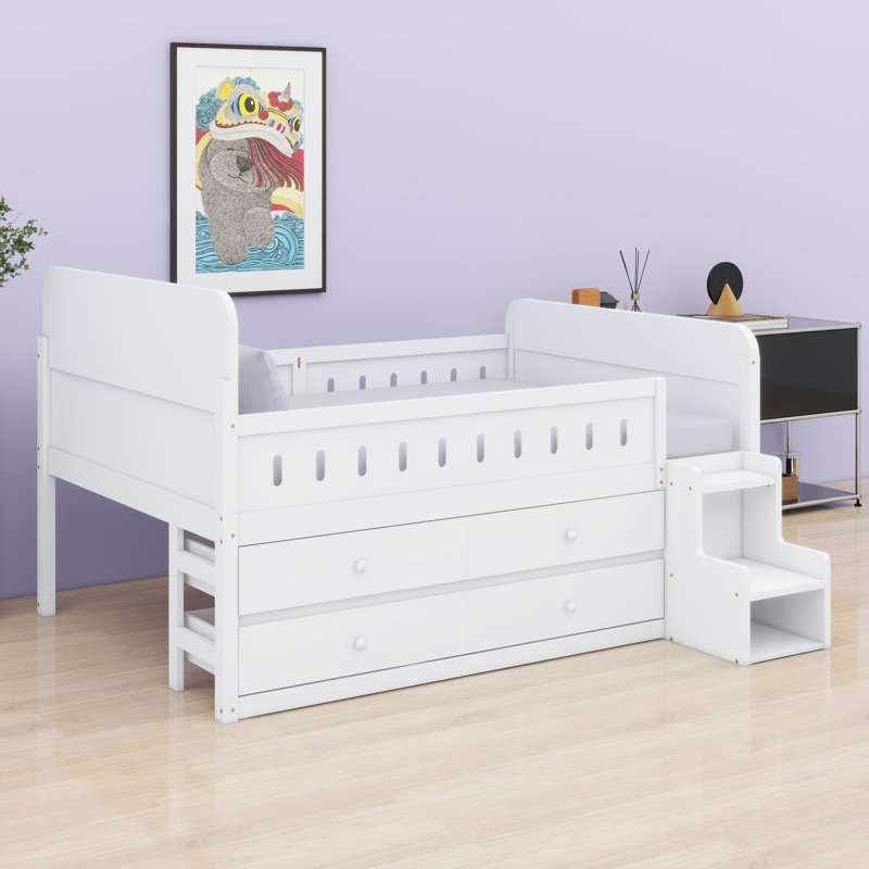Lit en bois avec lumière DEL, tiroirs de rangement, Blanc