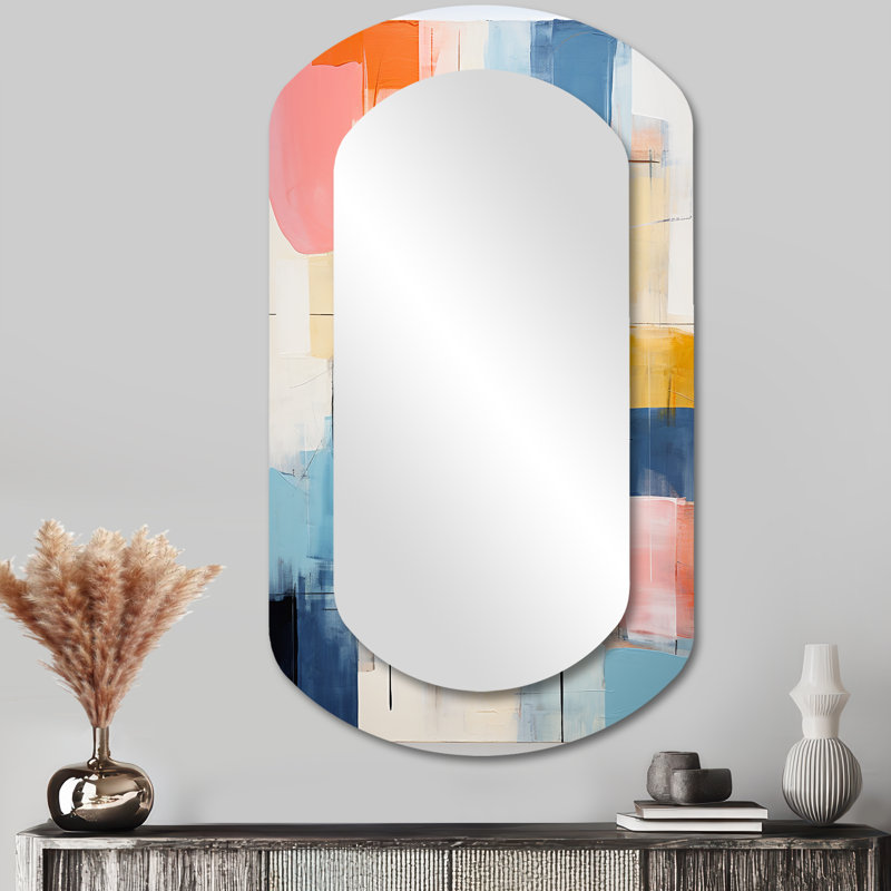 Rose bleu, style Mid-Century, contrastes colorés - miroir mural moderne cylindrique de style Mid-Century, miroir décoratif asymétrique rose, impression d'art en métal