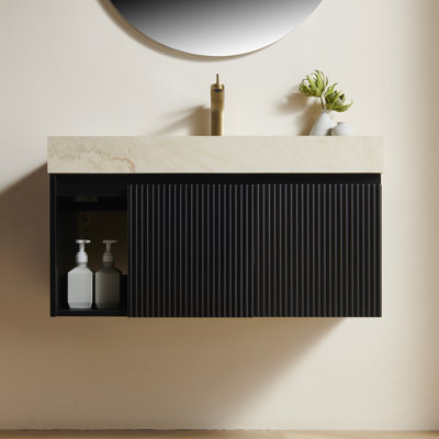 EIDEN 36 Bathroom Vanity&Sink, Floating Storage Cabinet, Cream Gold Vein Sintered Stone Top&Ceramic Basin with 1 Pre-drilled Faucet Hole,Disassembled, NO Faucet and Drain Set, Black Color
