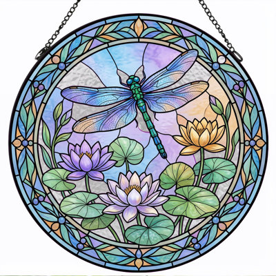 Dragonfly Lotus Stained Glass Window Panel，7.8H