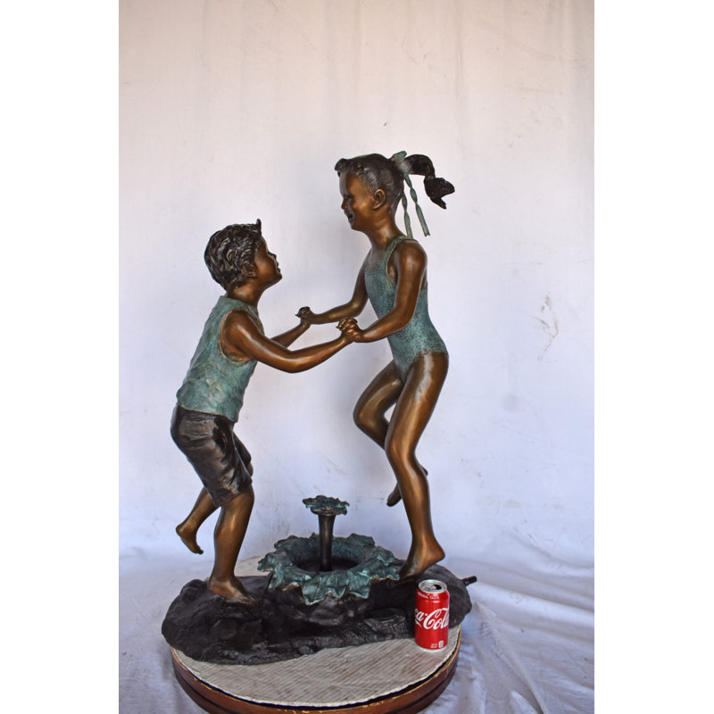 Young Boy And Girl Dancing Around Fountain Bronze Statue-Size 28" X 13" X 38"H