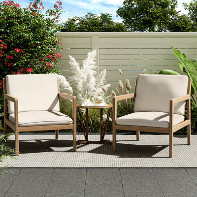 Ensemble de conversation d'extérieur en bois avec 2 chaises de club de patio contemporaines avec coussins d'eau et conception de 2 lattes de style pour le jardin