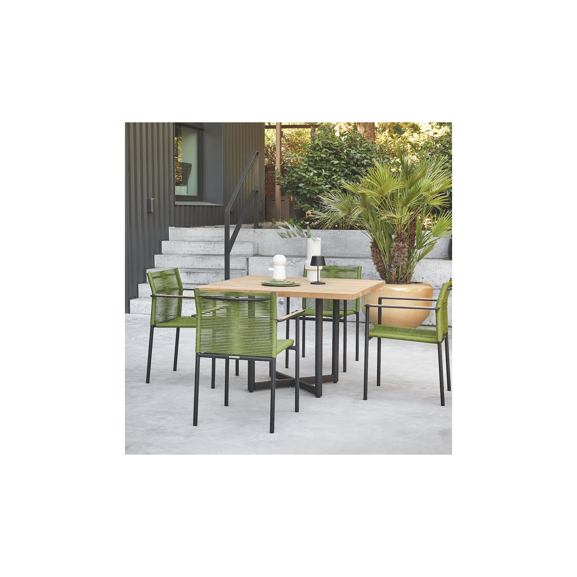 Raleigh Aluminum Stackable Dining Arm Chair with Teak Arm Rest, Olive