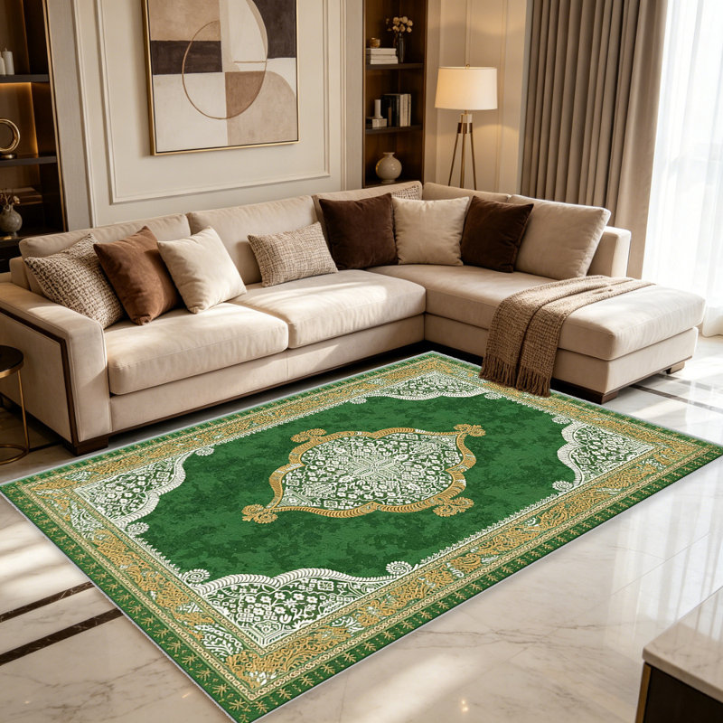 Green Persian carpet-easy to clean, machine-washable, soft and comfortable; suitable for door mats, kitchens, living rooms, bedrooms, corridors, and laundry areas. Easy to clean, durable carpet for home decoration.